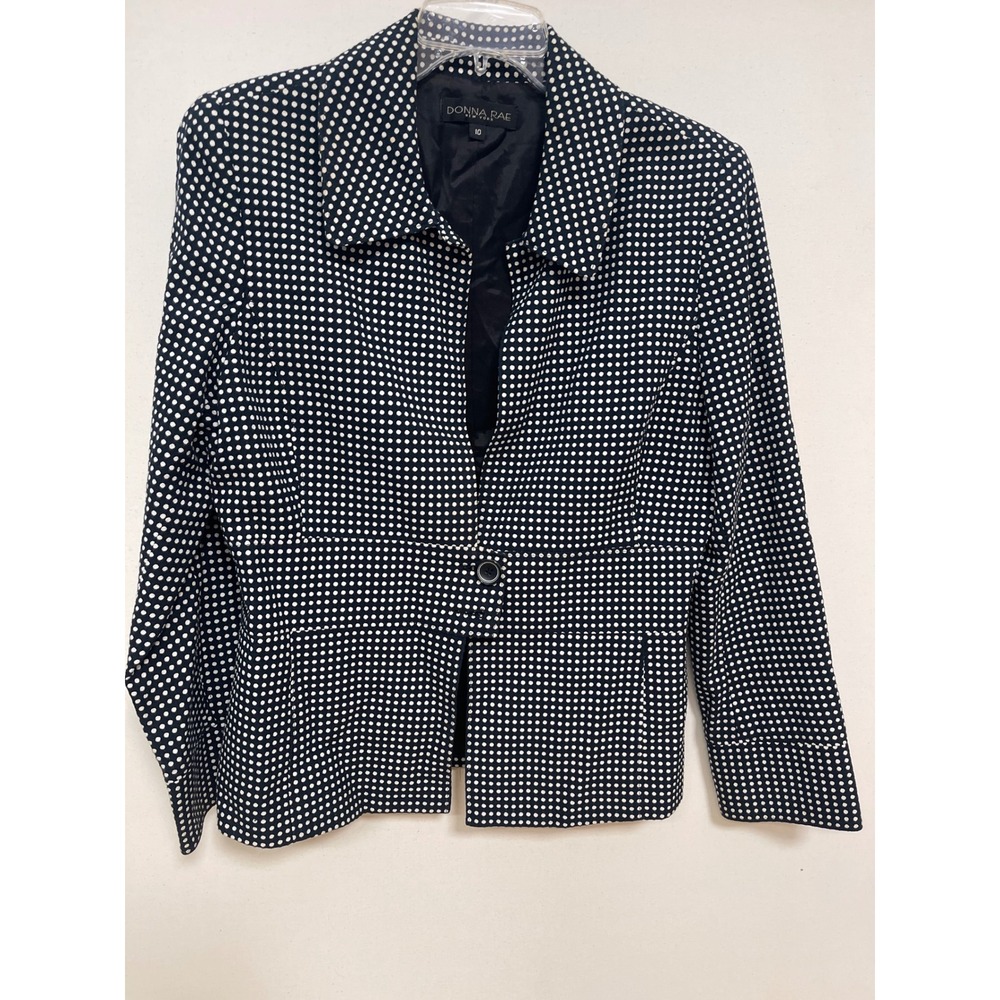 Donna Rae New York Navy Blue Polka Dot Single Button Blazer Jacket Size 10